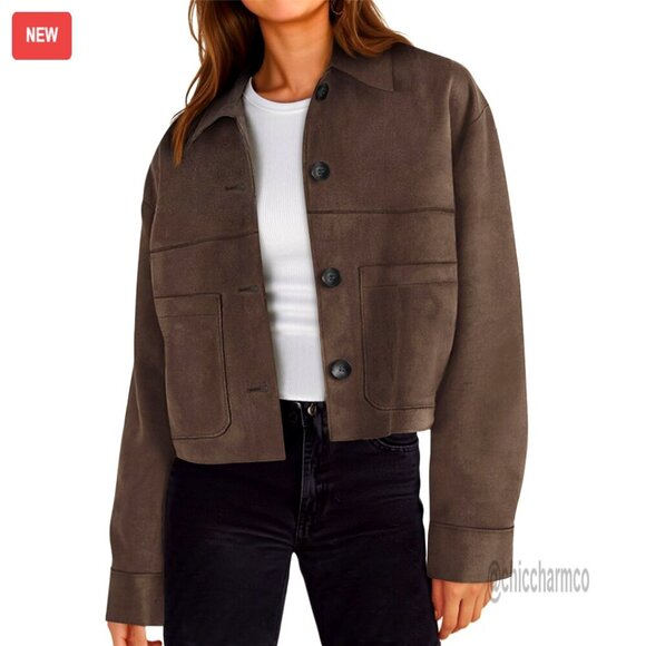 Jackets & Blazers - Cropped Faux Suede Jacket Lapel Collar Button Down Casual Vintage Shacket